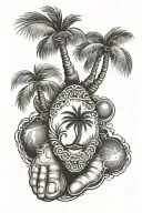 Tattoos design of a baby's palm and foot print with three Arabic names and a coconut tree in the middle tattoo design idea