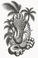 Tattoos design of a baby's palm and foot print with three Arabic names and a coconut tree in the middle tattoo design idea