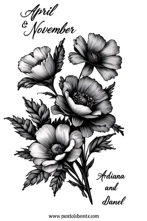 April and November birth flower bouquet with names Adriana and daniel tattoo design idea