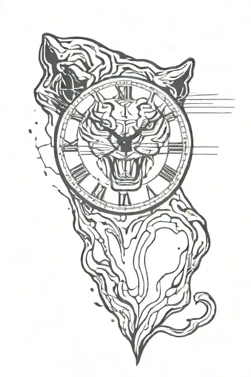 full black panther with clock melting tattoo design idea