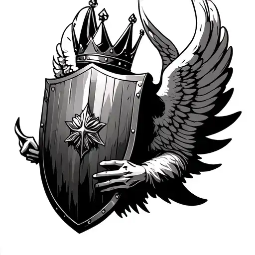 3 point crown with angel wings holding with shield guarding tattoo design idea