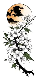 Japanese cherry with moon and sun in the background tattoo design idea