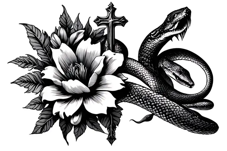 Flowers with the Leviathan, cross and a serpent snake tattoo design idea