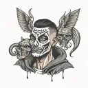 sad face man holding happy face mask looking down tattoo design idea