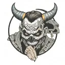 sad face man holding happy face mask looking down tattoo design idea