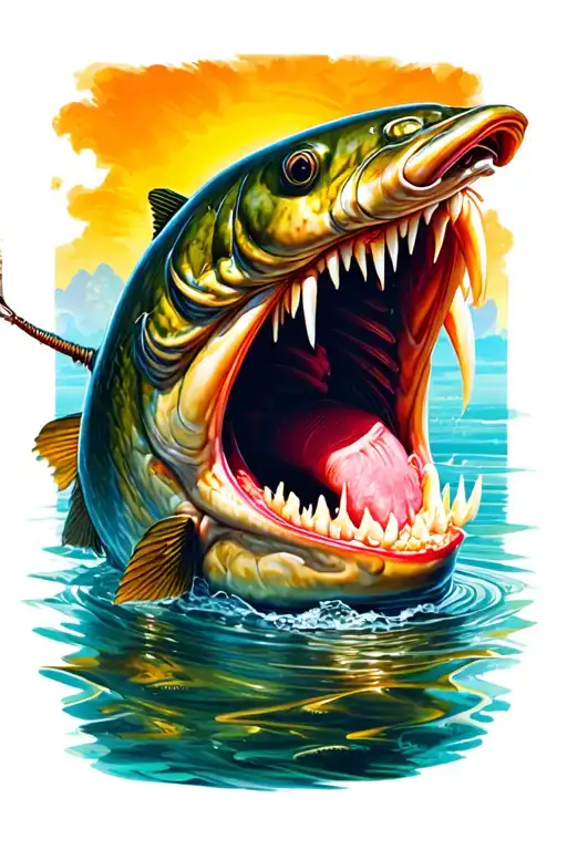 log nose gar trying to bite a lure surrounded tattoo design idea