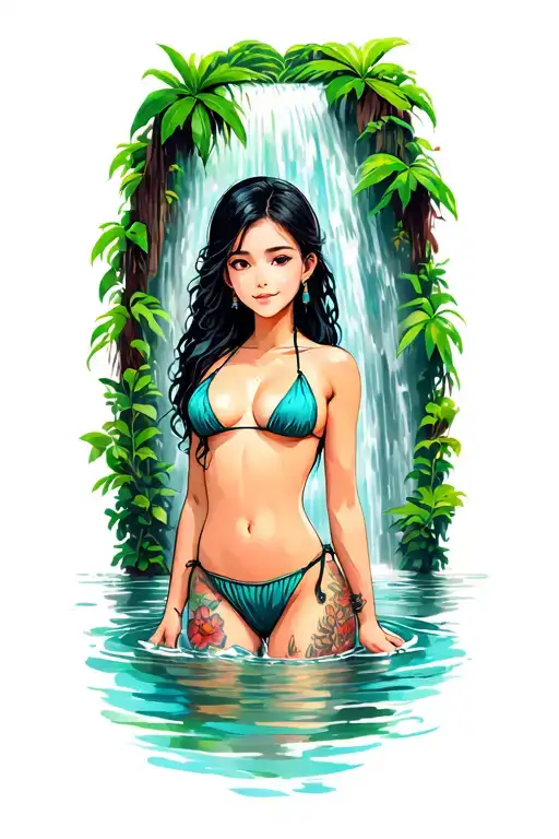 thai girl in a topless bikini in the jungle with a waterfall tattoo design idea