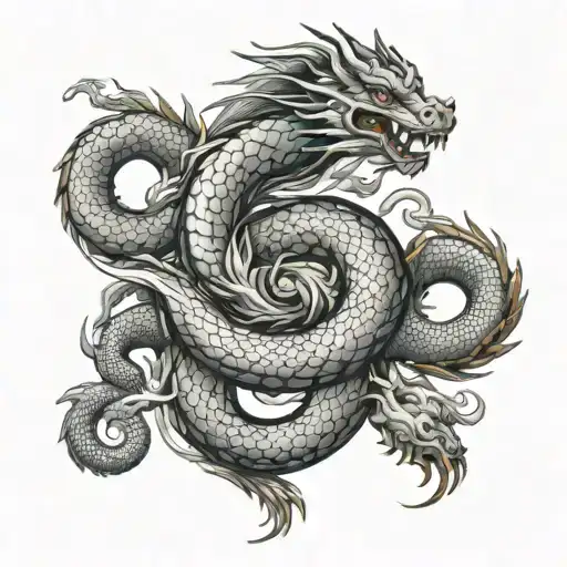 chinese theme arm sleeve incorporating 2 dragons and  1 Snake tattoo design idea