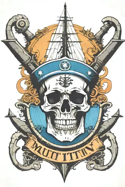 big container ship with stacks of containers with a skull and anchor below and with text below that says "mutiny" tattoo design idea