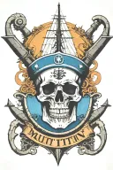 big container ship with stacks of containers with a skull and anchor below and with text below that says "mutiny" tattoo design idea