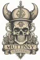 big container ship with stacks of containers with a skull and anchor below and with text below that says "mutiny" tattoo design idea