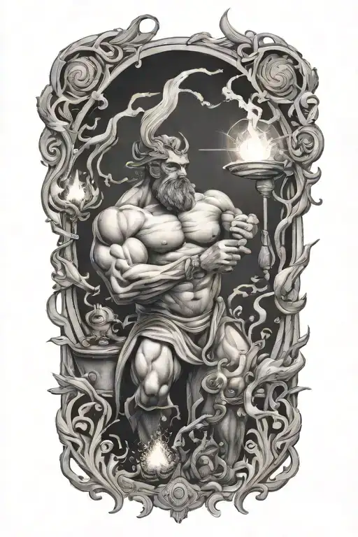 Hephaestus forging iron Sparks flying tattoo design idea
