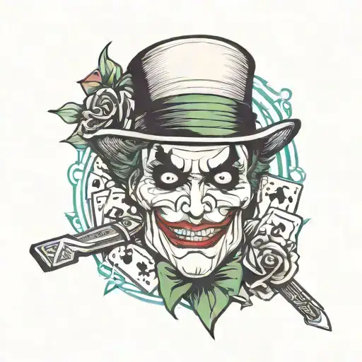 bowler hat, joker playing card, a revolver, and a knife tattoo design idea