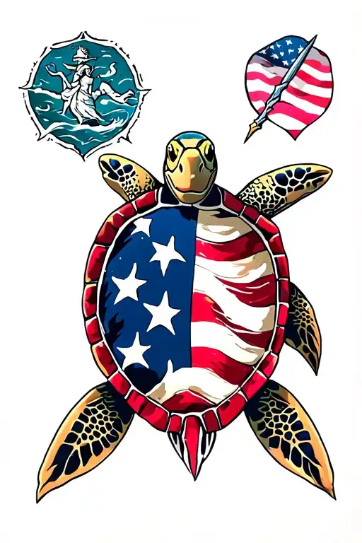 sea turtle with american flag shell; neptune's tridents on the sides. open ocean in the background tattoo design idea