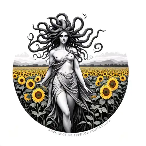 Medusa with nine snakes coming from her head and wrapping themselves around her body, walking through a sunflower field. tattoo design idea