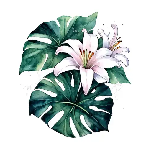 God, monstera cross, lillies tattoo design idea