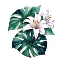 God, monstera cross, lillies tattoo design idea