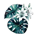 God, monstera cross, lillies tattoo design idea