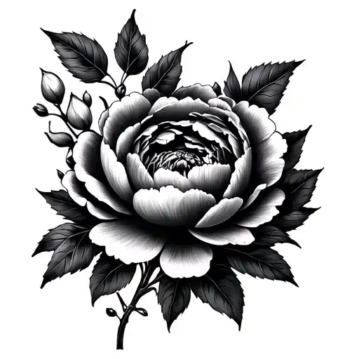 peony and foliage tattoo design idea