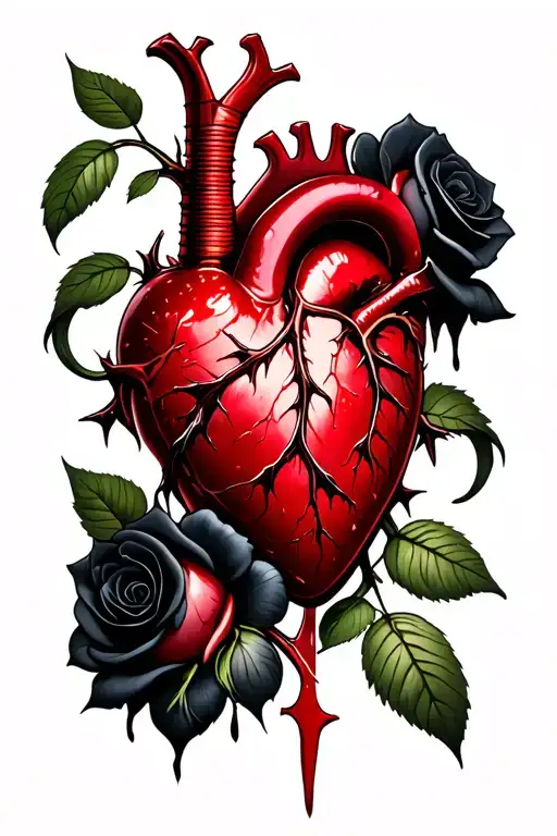 realistic bleeding heart ensnared by two black roses with thorns. Dagger planted through the heart. Black mamba tattoo design idea