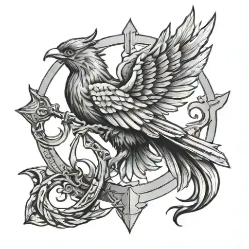 Phoenix clasping Sagittarius arrow tattoo design idea