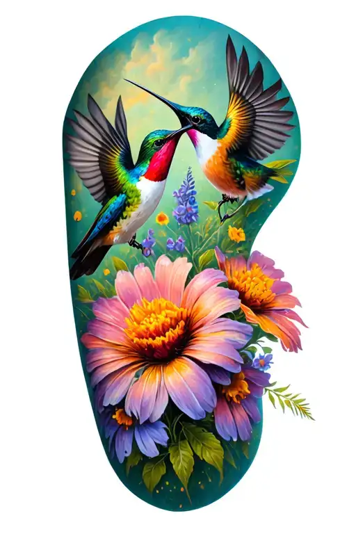 wildflower sleeve featuring 2 hummingbirds tattoo design idea