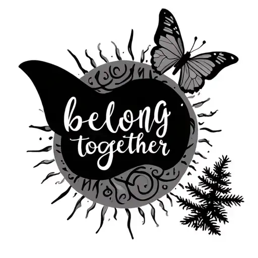 ice tea, butterfly, pine tree, sun, words "belong together" tattoo design idea