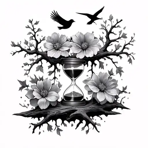 Half dead oak tree half flowers with a hourglass, bird in the background tattoo design idea