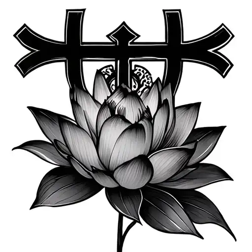 Lotus flower blooming with a cross intertwined tattoo design idea