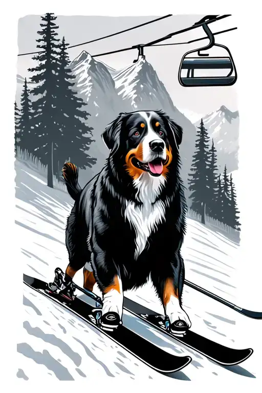 skier carving with chairlift in background trees and mountains. Bernese mountain dog with skiier  tattoo design idea