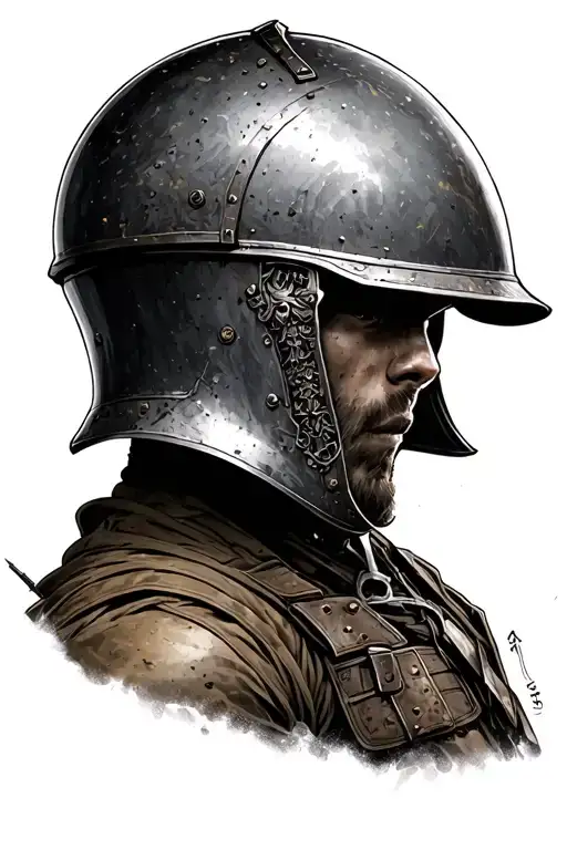 Rohan helmet on battlefield scene tattoo design idea