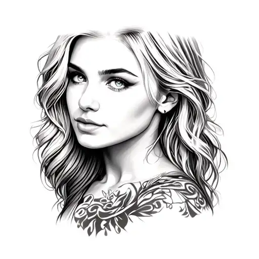 Realistic tattoo. Portrait of a 30 year old pretty blond woman, blue eyes, narrow nose, narrow lips, full tattoo design idea