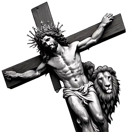 realistic Jesus on a cross with the crown half of thorns and half a kings crown, with the lamb and the lion of judah tattoo design idea