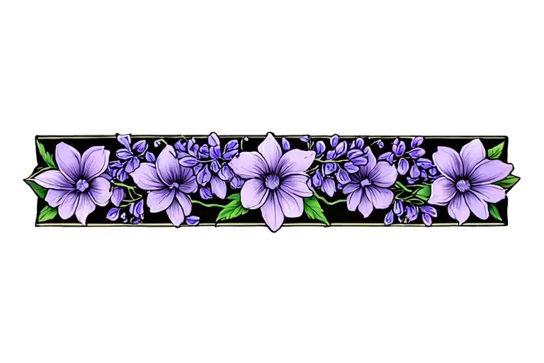 Floral Vertical Armband Tattoo With Wisteria Flowers. Color ONLY the petals, everything else is black. Rectangular tattoo design idea