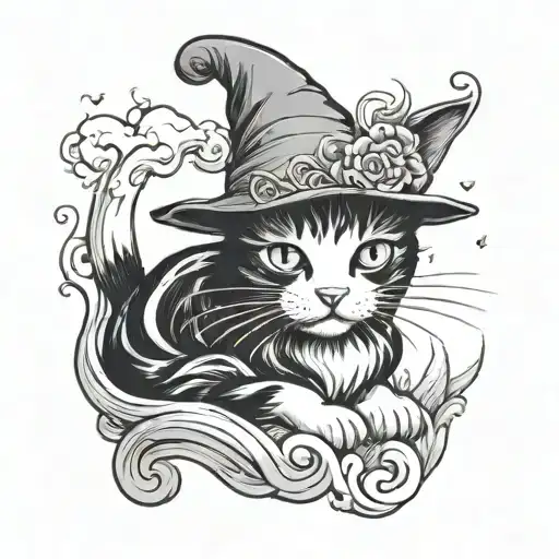 Black and white cat with a Merlin the Wizard hat tattoo design idea