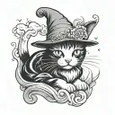 Black and white cat with a Merlin the Wizard hat tattoo design idea