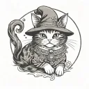 Black and white cat with a Merlin the Wizard hat tattoo design idea