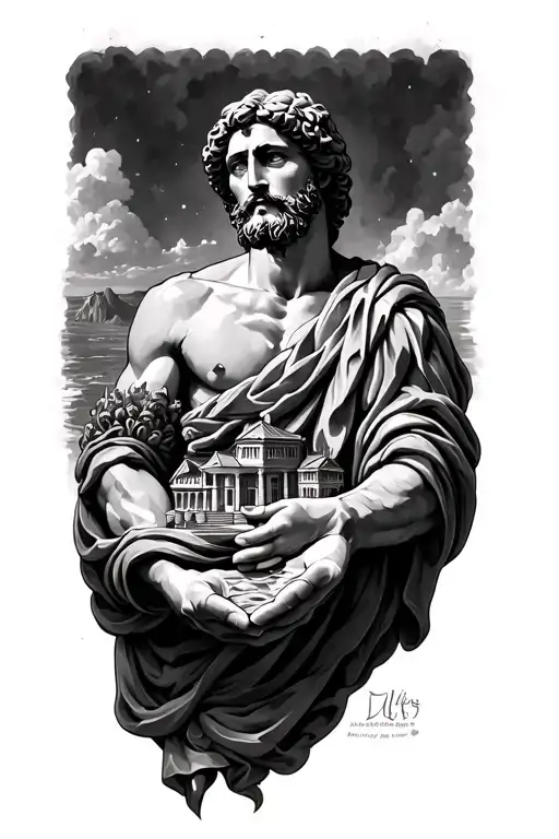 The Greek hero Ulysses while he holds his hometown in his hands tattoo design idea