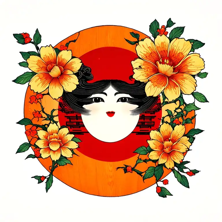 Japanese sun, Shinto shrine and flowers in a wood block print style. top center of back tattoo design idea