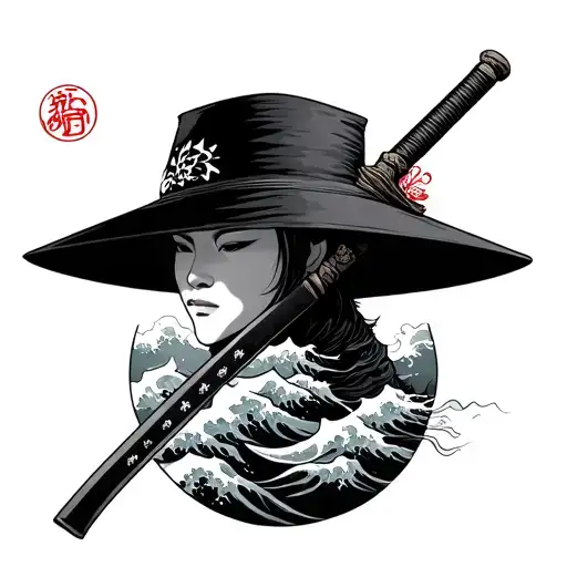 Japanese waves, hat and katana tattoo design idea