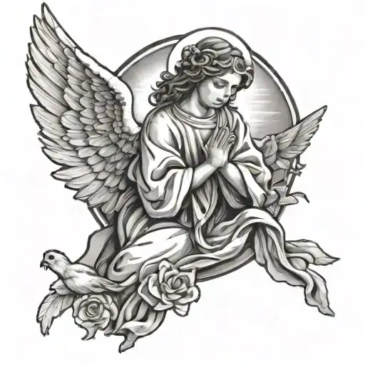 angel praying above cross with birds and sky tattoo design idea