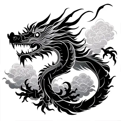 stencil blackout Japanese dragon and clouds with lighting and floral  tattoo design idea