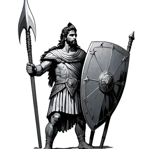Standing Greek warrior looking to the left and holding a lance and a shield tattoo design idea