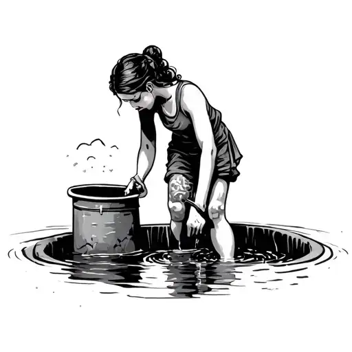a woman trying to fetch water from a well  tattoo design idea