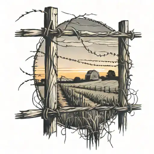 farm barbed wire fence sunset sky tattoo design idea