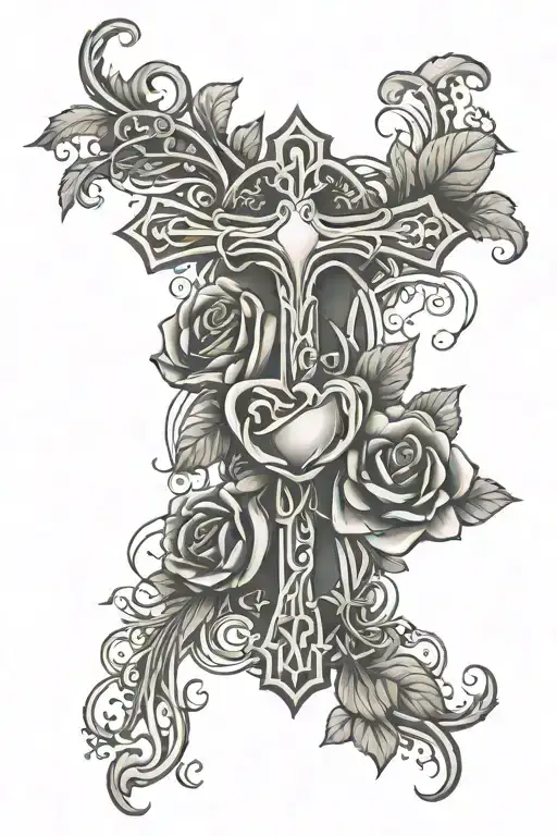 minimalist design of skinny cross with vine intertwined and heart in the middle and a rose coming out of vine tattoo design idea