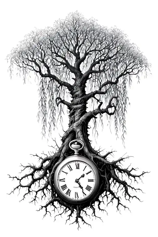uprooted weeping willow tree with a pocket watch wound in its roots  tattoo design idea