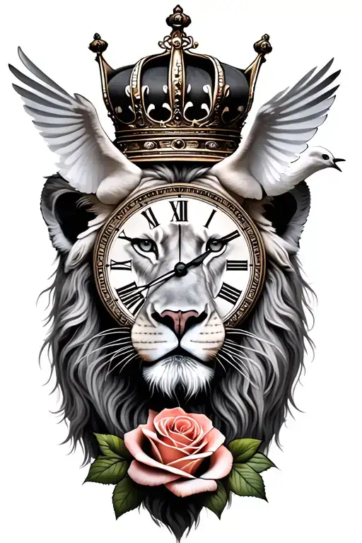lion face wearing a crown, clock, dove, rose intertwined tattoo design idea