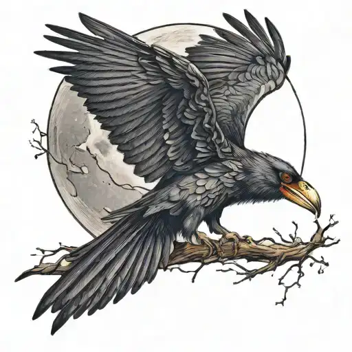 flying crow with red eyes and waxing crescent moon tattoo design idea