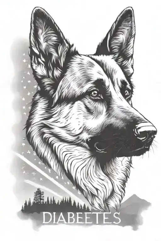 German shepherd American flag saying "diabetes" mountain scene tattoo design idea